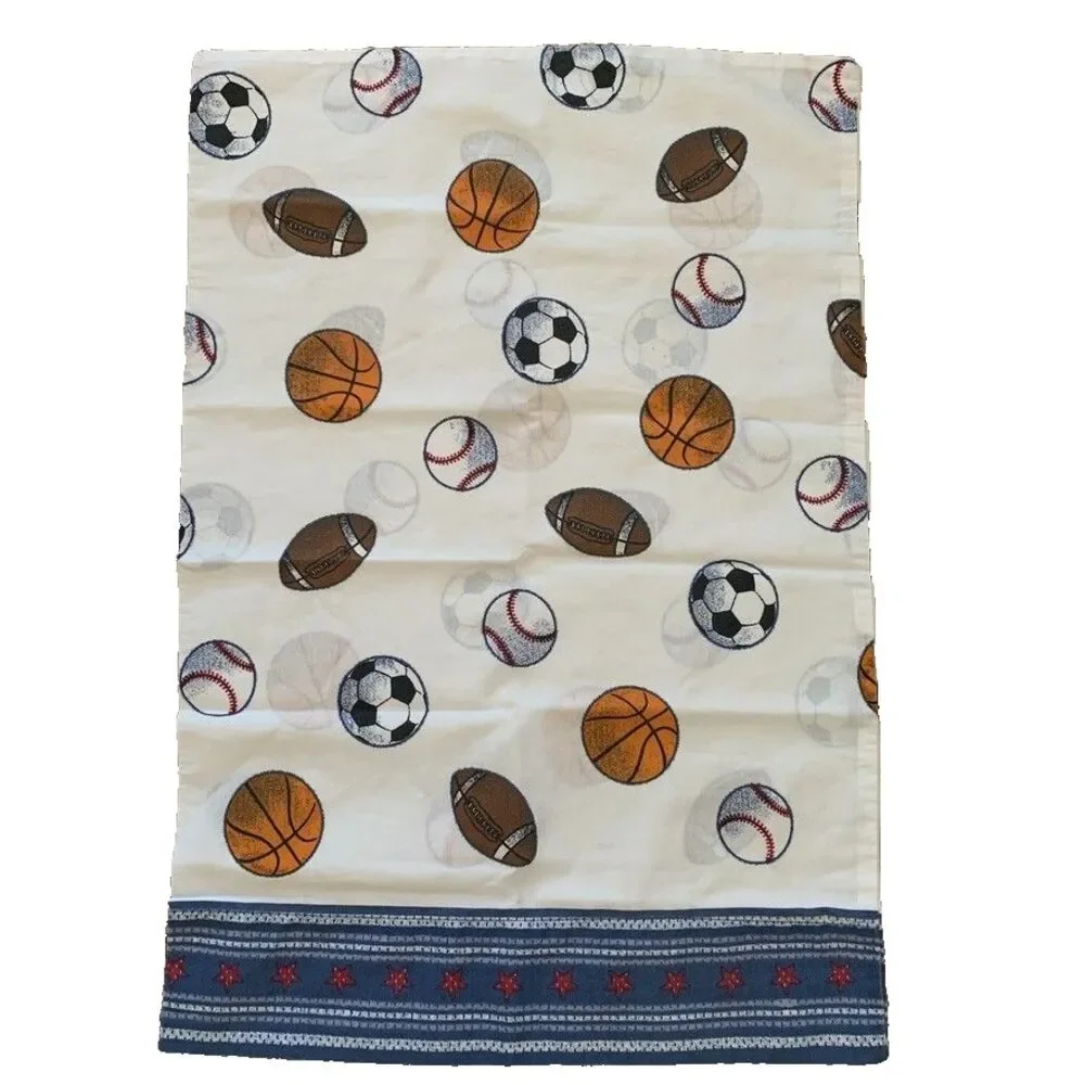Vintage Sports Themed Twin Flat Sheet 2 Pillowcases Football Soccer Basketball